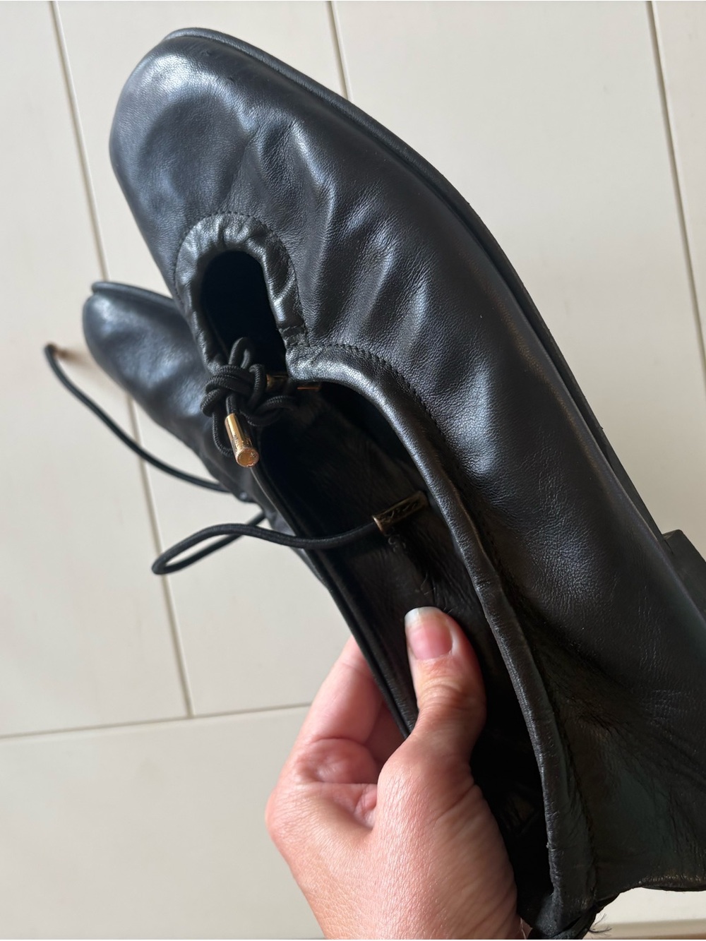 ALOHAS Black Leather Ballet Flats with Drawcord and Gold Accents - Picture 6 of 6